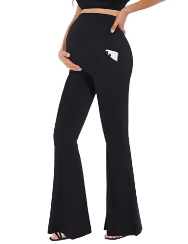 Rheane Damen Schwangerschafts-Leggings mit geheimer Passform, über dem Bauch, butterweich, mit Taschen, Workout, Yoga, Freizeit, Schwarz, M von Rheane