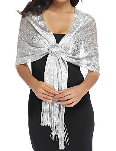 Rheane Funkelnde Metallic-Schals und Wickeltücher mit Schnalle für Abend, Party, Kleider, Hochzeit, Party, B. Silber/Silber (mit silberfarbener Schnalle), Large von Rheane