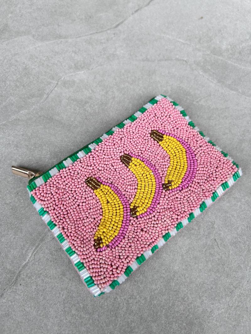 Handgemachte Perlen Tasche, Geldbörse, Clutch Bananen, Festival Geschenk, Boho Ibiza Accessoire in Gelb, Rosa, Grün Babyrosa, Schminktasche von Rheinperle