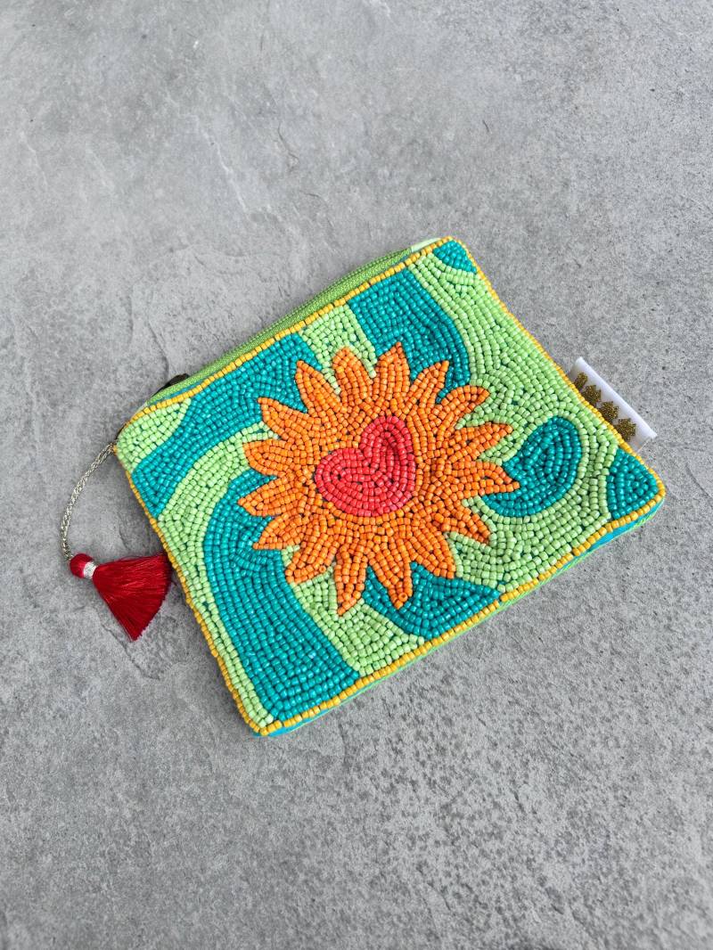 Handgemachte Tasche L Geldbeutel Clutch Schminktasche Sonne Und Herz Festival Geschenk Boho Ibiza Accessoire Orange Grün von Rheinperle