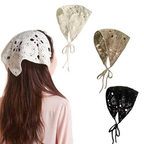 RhiVrillion 3 Stück Kopftuch Damen Sommer, Kopftücher Boho Stirnbänder Kopfbedeckung Gehäkeltes Blumen Gänseblümchen Kopftücher Gestrickt Elastisches Haarschal Haartücher für Damen Mädchen von RhiVrillion