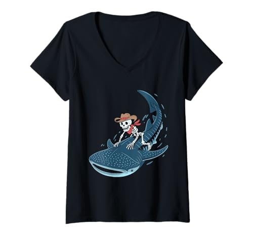 Damen Walhai Cowboy Whaleshark Skelett Halloween T-Shirt mit V-Ausschnitt von Rhincodon Eerie Whale Sharks Spooky for Kids