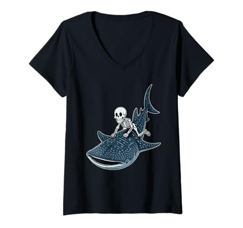 Damen Walhai Walhai Skelett Halloween T-Shirt mit V-Ausschnitt von Rhincodon Eerie Whale Sharks Spooky for Kids