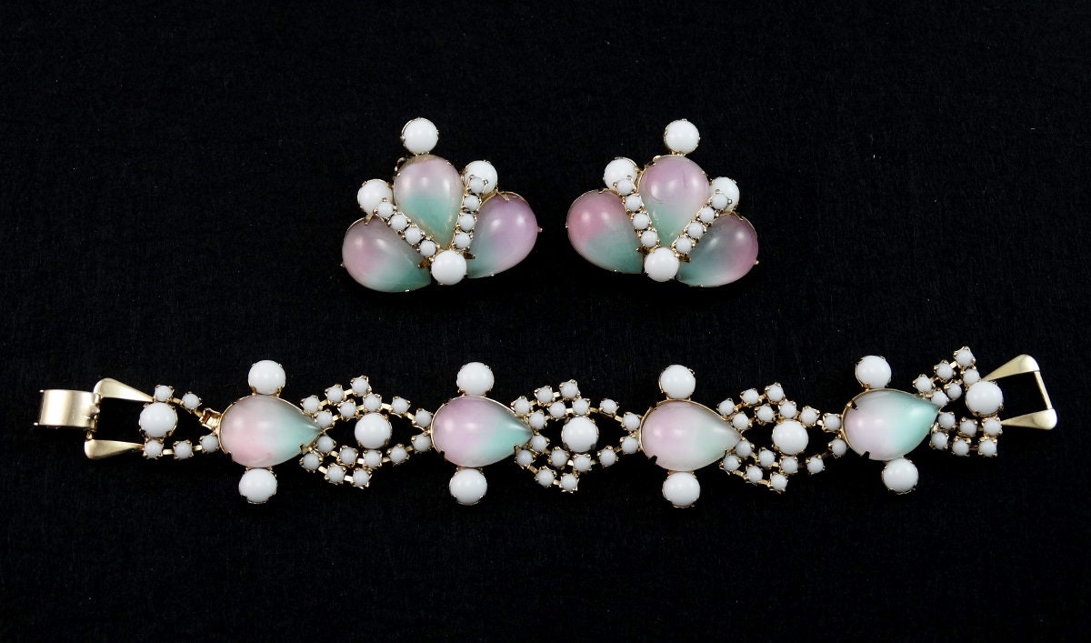 Vintage La Rel Bi-Color Art Glas Strass Armband & Ohrringe Demi-Parure Set Larel von Rhinestonedivas