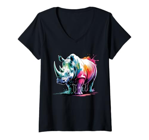 Damen Rhino Poster Stil Bunte Farbspritzer Kunst Grafik T-Shirt mit V-Ausschnitt von Rhino Lover Apparel & Arts