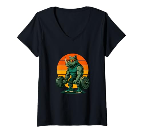 Damen Lustiges Nashorn Gewichtheben Retro Gym Humor T-Shirt mit V-Ausschnitt Damen Lustiges Nashorn Gewichtheben Retro Gym Humor T-Shirt mit V-Ausschnitt von Rhino Weightlifting Retro Gym Humor Apparel