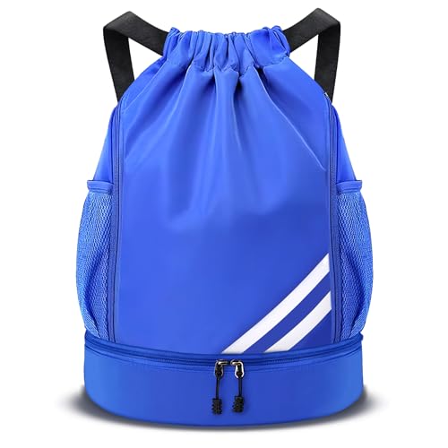 Turnbeutel Sportbeutel mit Kordelzug, Fußball Tasche Große Kapazität Sport Rucksäcke, Verstellbar Sportrucksack mit Ballfach Bodenfach Wasserdicht Rucksack für Damen Herren Junior (Blau) von Rhitchy