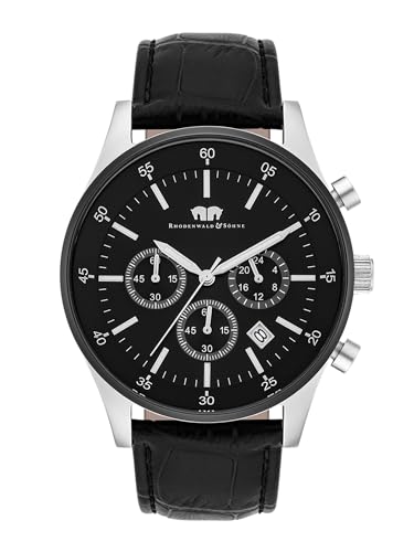 Rhodenwald & Söhne Goodwill Herrenuhr Chronograph Edelstahl bi-Color schwarz 5 ATM Präzisions-Quarzwerk Stoppuhr Totalisatoren Lederarmband schwarz - Quarzuhr Echtleder-Armband Armbanduhr analog von Rhodenwald & Söhne