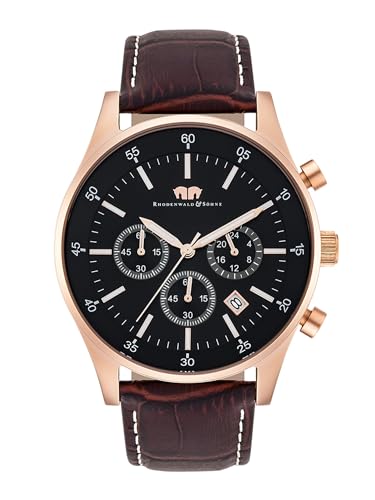 Rhodenwald & Söhne Goodwill Herrenuhr Chronograph Edelstahl roségold schwarz 5 ATM Präzisions-Quarzwerk Stoppuhr Totalisatoren Lederarmband dunkelbraun - Armbanduhr Quarzuhr Echtlederarmband Echtleder von Rhodenwald & Söhne