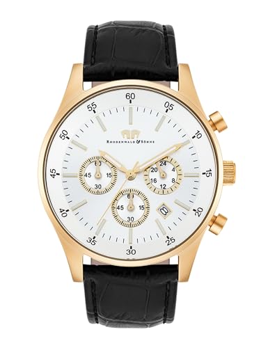 Rhodenwald & Söhne Goodwill Herrenuhr Chronograph Edelstahl Gold Silber 5 ATM Präzisions-Quarzwerk Stoppuhr Totalisatoren Lederarmband schwarz - Quarzuhr Echtleder-Armband Armbanduhr analog von Rhodenwald & Söhne