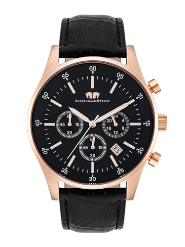 Rhodenwald & Söhne Goodwill Herrenuhr Chronograph Edelstahl roségold schwarz 5 ATM Präzisions-Quarzwerk Stoppuhr Totalisatoren Lederarmband schwarz - Quarzuhr Echtleder-Armband Armbanduhr analog von Rhodenwald & Söhne