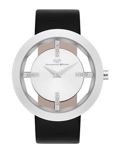 Rhodenwald & Söhne Lucrezia Damenuhr Edelstahl Silber 3 ATM verziert mit Kristallen von Swarovski® Lederarmband schwarz - Fashion-Uhr für Frauen in Skeletonoptik von Rhodenwald & Söhne