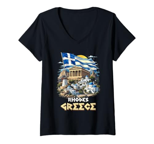 Damen Rhodos Griechenland Flagge Rhodos Souvenir Reise Urlaub T-Shirt mit V-Ausschnitt Damen Rhodos Griechenland Flagge Rhodos Souvenir Reise Urlaub T-Shirt mit V-Ausschnitt von Rhodes Greece City Designs