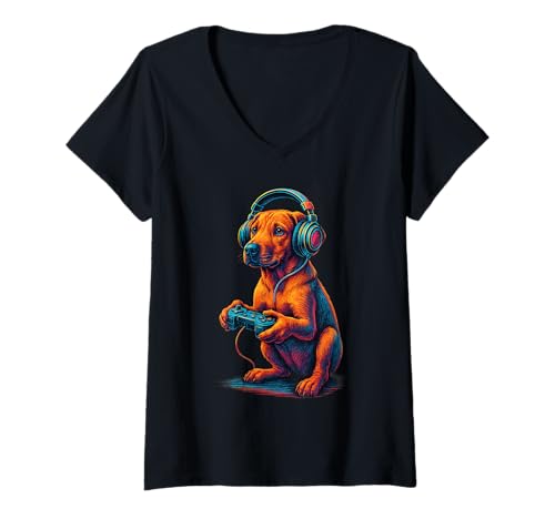 Damen Rhodesian Ridgeback Retro Gamer Vintage Gaming Hundeliebhaber T-Shirt mit V-Ausschnitt von Rhodesian 80s Synthwave Vaporwave Dog Designs