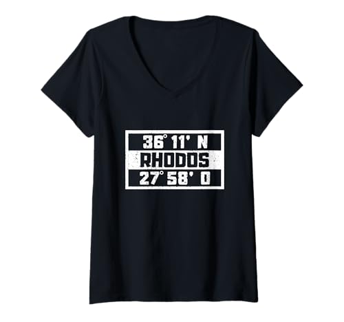 Damen Rhodos Koordinaten Griechenland Urlaub Reise Rhodos T-Shirt mit V-Ausschnitt von Rhodos Urlaub Bekleidung & Geschenkideen