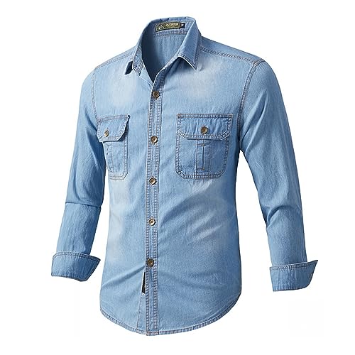 Herren Jeanshemd Denim Shirt Langarmhemd Cowboy-Style Kent-Kragen Business Casual Männer Freizeit Hemd Taschendekoration Langarm Hemd Herren A-Light Blue XL von Rhomba
