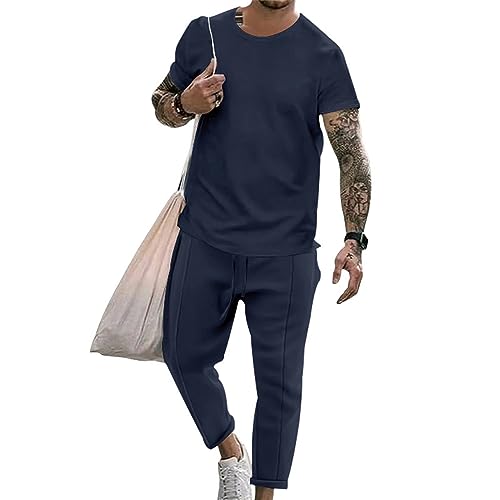 Rhomba Herrenmode Trainingsanzug Casual Sport Kurzarm Herren Mit Sporthose Jogger Einfarbiger Anzug Streetwear Herren 2-Teiliges Set Sportshirt Herren F-Navy XXL von Rhomba