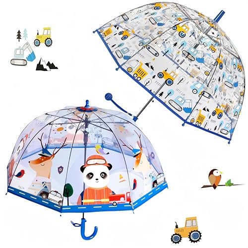 Rhomba Klar Transparente Blase Clear Bubble Umbrella for Children Lightweight Cute 8 Fibre Ribs Cute Dome See Through Perfect for Walking Kids Umbrella for Child (Blauer Bagger+Blauer Panda) von Rhomba