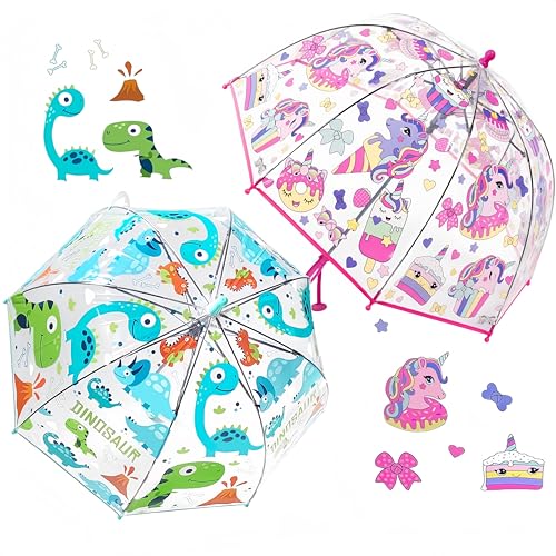 Rhomba Klar Transparente Blase Clear Bubble Umbrella for Children Lightweight Cute 8 Fibre Ribs Cute Dome See Through Perfect for Walking Kids Umbrella for Child (Blauer Dinosaurier+Rosa Einhorn) von Rhomba