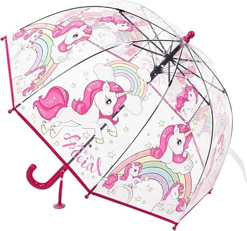 Rhomba Clear Bubble Transparent Umbrella for Children Lightweight Cute 8 Fibre Ribs Cute Dome See Through Child Perfect for Walking, Safety Kids Umbrella for Toddlers Boys Girls (Rote Einhorn) von Rhomba