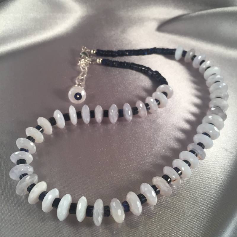 Chalcedon Kette, Schrille Labradoritkette, Aaa Ausgefallene Deutsche Facettierte Silberkette Und Karabinerverschluss von RhondaBJeweled