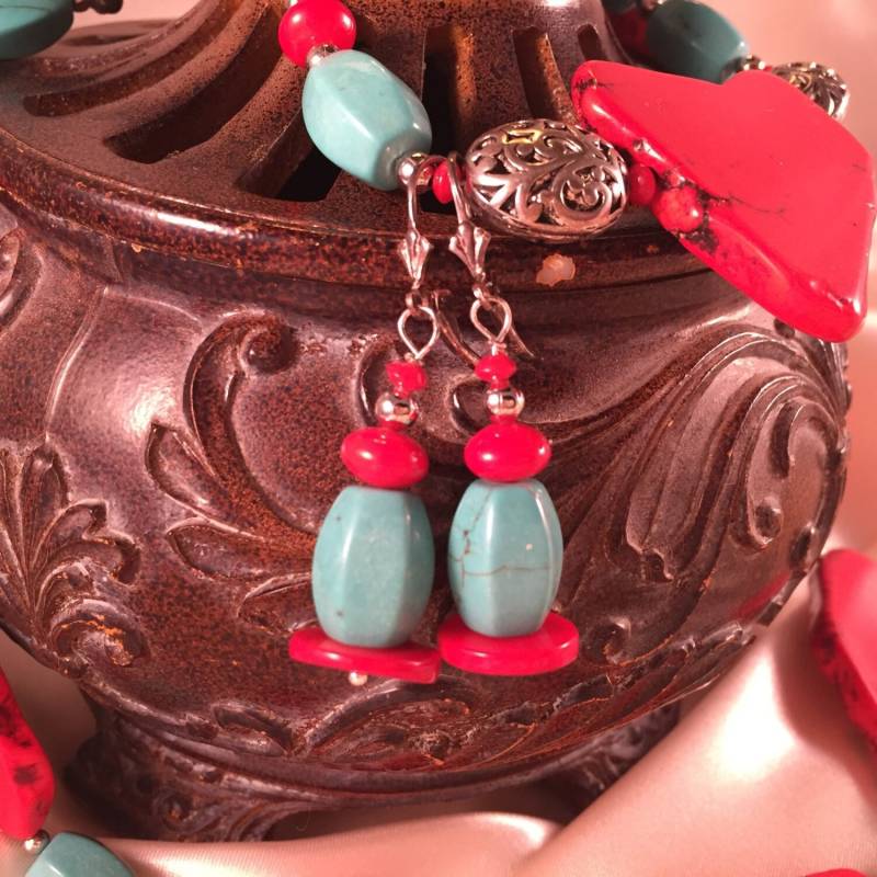 Türkis, Rote Koralle Südwesten Chunky Baumtropfen Ohrringe Silber Hebel Zurück Ohr Drähte von RhondaBJeweled