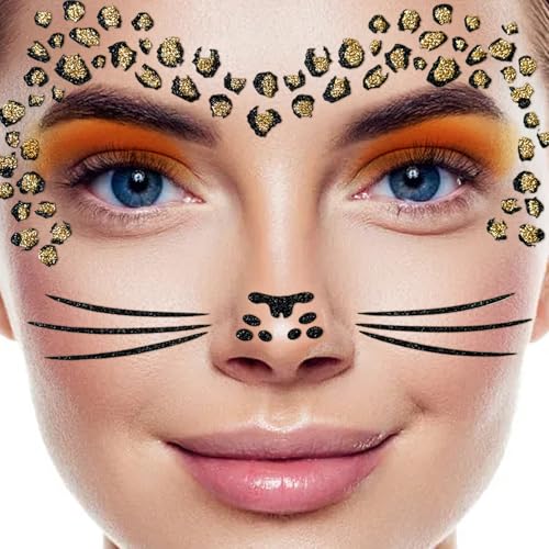 2 Stück Gesichtstattoo, Leopard Sticker Gesicht, Glitzer Gesichtstattoo Karneval, Temporäres Glitter Gesichtssticker, für Cosplay Karneval Halloween 2 Stück Gesichtstattoo, Leopard Sticker Gesicht, Glitzer Gesichtstattoo Karneval, Temporäres Glitter Gesichtssticker, für Cosplay Karneval Halloween von Rhsemi