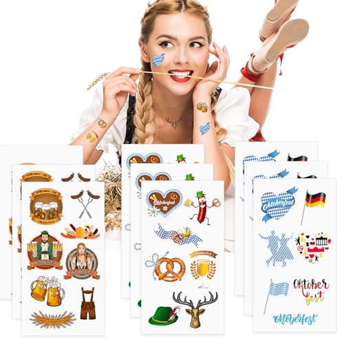 9 Pcs Oktoberfest Tattoo Set,Bayerische Tattooaufkleber für Oktoberfestkostüm Zubehör Bierzelt Souvenirs Geschenke Damen Herren Bayern Deko von Rhsemi