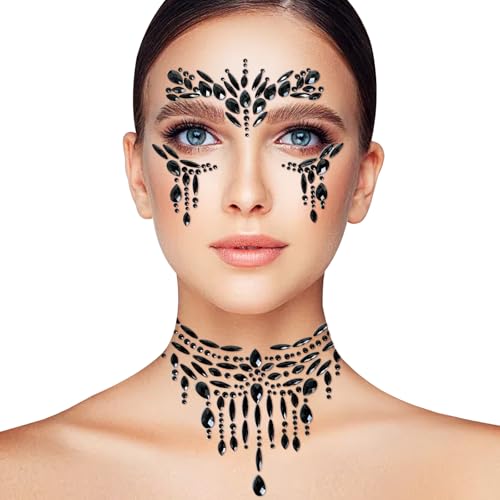 Edelsteine Temporäre Tattoos,Glitzer Gesicht Festival Schmuck,Gesicht Aufkleber Augenbraue Gesicht Körperschmuck, ​​für Festivals eignen sich für Halloween, Abschlussfeiern（schwarz） von Rhsemi