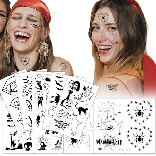 Schwarz Temporäre Kinder Tattoos für Halloween,Halloween Temporäre Tattoos,gruselige Motive zum Erschrecken mit Spinnen Skelett Fledermaus Gespenst(10pcs) von Rhsemi