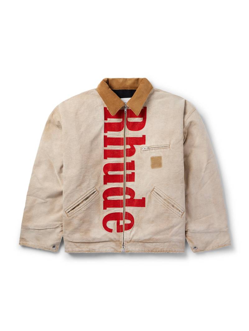 Rhude - Corduroy-Trimmed Logo-Print Distressed Cotton-Canvas Bomber Jacket - Men - Neutrals - L von Rhude