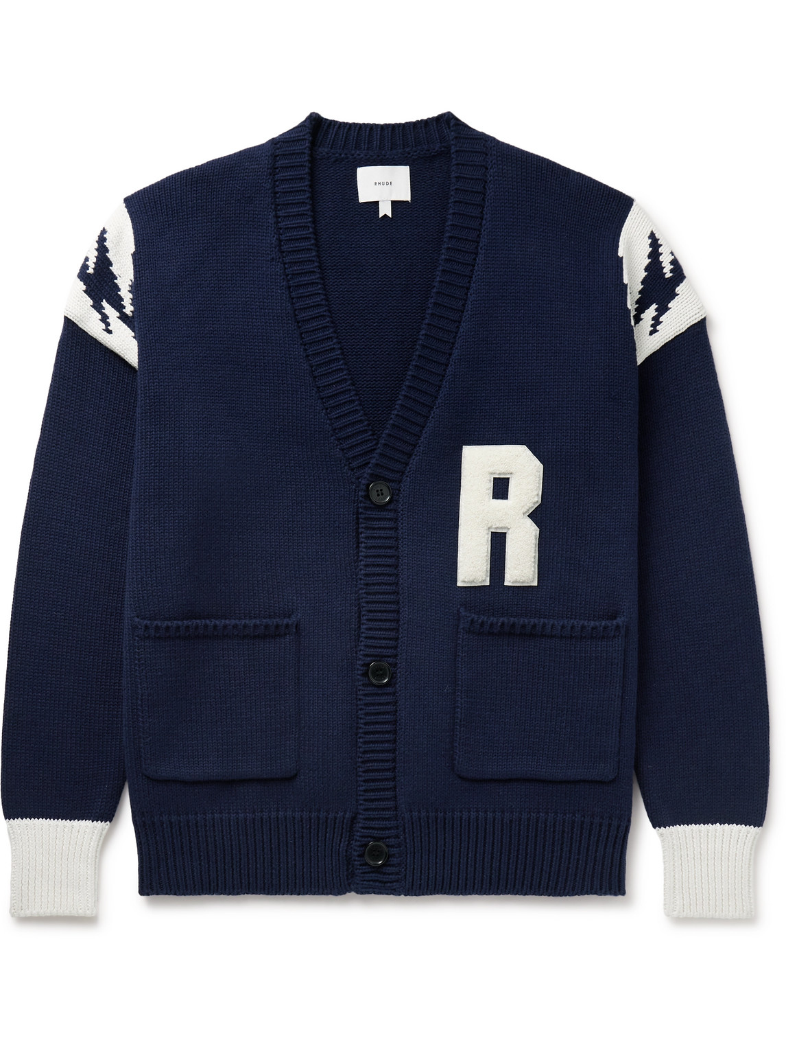 Rhude - Logo-Appliquéd Intarsia-Knit Cotton Cardigan - Men - Blue - S von Rhude