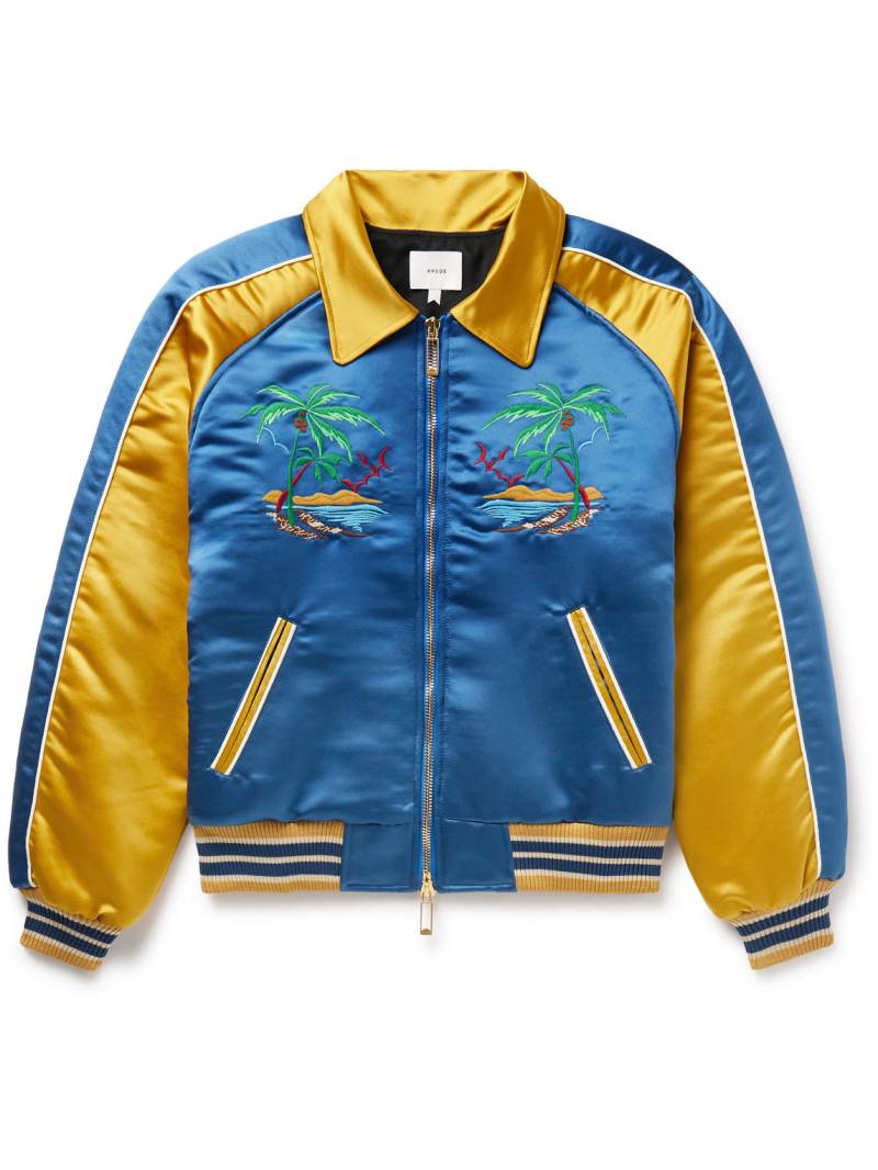 Rhude - Two-Tone Padded Logo-Embroidered Satin Bomber Jacket - Men - Blue - S von Rhude