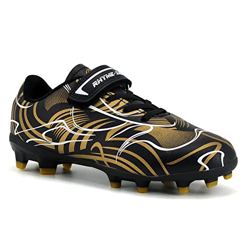 Rhyme-Zeal Jungen Fußball Stiefel Kinder Fußball Schuhe FG/AG Fußball Cleats Leichtathletik Teenager Training Schuhe, schwarz / goldfarben, 35 EU von Rhyme-Zeal