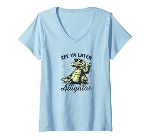 Damen Cooler Alligator in Schattierungen: See You Later, Krokodil-Tier-Wortspiel T-Shirt mit V-Ausschnitt Damen Cooler Alligator in Schattierungen: See You Later, Krokodil-Tier-Wortspiel T-Shirt mit V-Ausschnitt von Rhyming Farewells