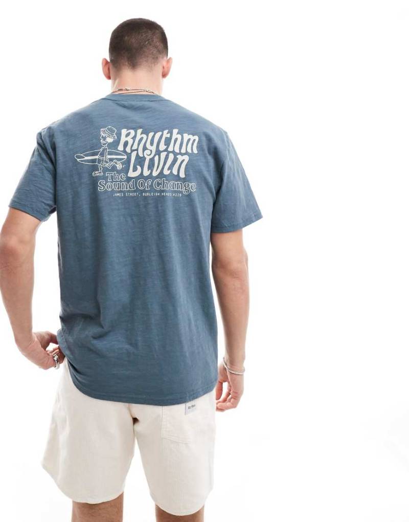 Rhythm - T-Shirt in meliertem Marineblau mit „Livin"-Print von Rhythm