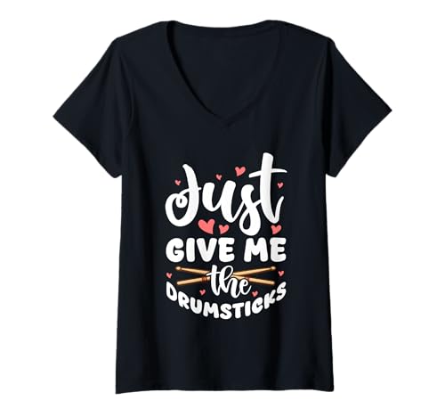 Damen Gib Mir einfach das Drumsticks-Design T-Shirt mit V-Ausschnitt von Rhythmic Expressions