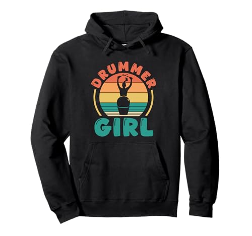 Retro-Drummer-Mädchen-Design Pullover Hoodie von Rhythmic Vibes