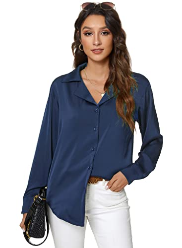 Riatobe Damen-Bluse, kurzärmelig, Satin, Seide, Knopfleiste, formelle Arbeit, Büro, Freizeitbluse, marineblau, Klein Riatobe Damen-Bluse, kurzärmelig, Satin, Seide, Knopfleiste, formelle Arbeit, Büro, Freizeitbluse, marineblau, Klein von Riatobe
