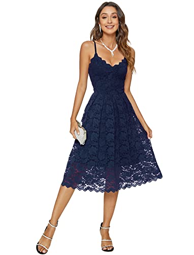 Riatobe Damen Kleid mit Spitze, Blumen-Overlay, V-Ausschnitt, für Cocktail-Partys, figurbetont - Blau - Groß von Riatobe