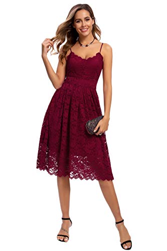 Riatobe Damen Kleid mit Spitze, Blumen-Overlay, V-Ausschnitt, für Cocktail-Partys, figurbetont - Rot - X-Groß von Riatobe