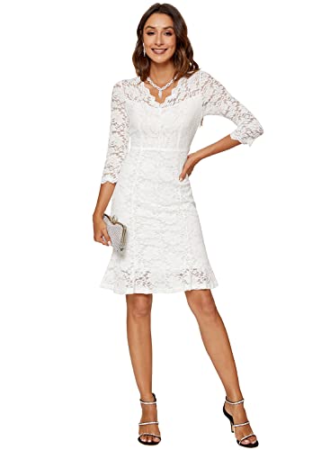 Riatobe Damen Kleid mit Spitze, Blumen-Overlay, V-Ausschnitt, für Cocktail-Partys, figurbetont - Weiß - X-Groß von Riatobe