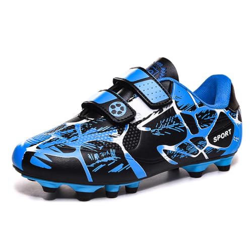 Riawexen Fussballschuhe Jungen Fußballschuhe Kinder Mädchen Outdoor rutschfest Trainingsschuhe Sportschuhe Unisex Klettverschluss Low Top Soccer Schuhe Blau 28 von Riawexen