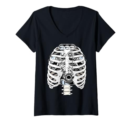 Damen Motor Ribcage Anatomy - Biomechanische Fusion Auto Mechaniker T-Shirt mit V-Ausschnitt von RibMech Fusion Apparel