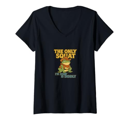 Damen The Only Squat I'm Doing is Diddly Cowboy Frog T-Shirt mit V-Ausschnitt Damen The Only Squat I'm Doing is Diddly Cowboy Frog T-Shirt mit V-Ausschnitt von Ribbit Rodeo Emporiums