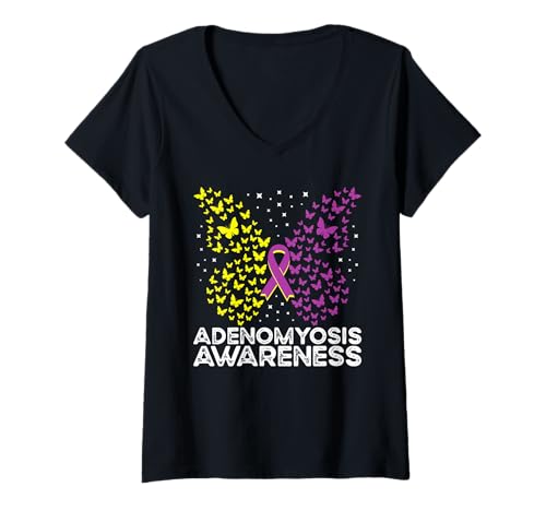 Damen Adenomyose-Bewusstsein Adenomyose-Schmetterling T-Shirt mit V-Ausschnitt Damen Adenomyose-Bewusstsein Adenomyose-Schmetterling T-Shirt mit V-Ausschnitt von Ribbon Adenomyosis Warrior Survivor Support