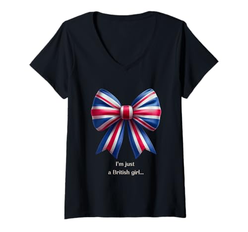 Damen Patriotisches Band, britische Flagge, Vintage-Stil, britische Grafik, niedliche Schleife T-Shirt mit V-Ausschnitt von Ribbon Bow Vintage Gallery UK Flag Tees