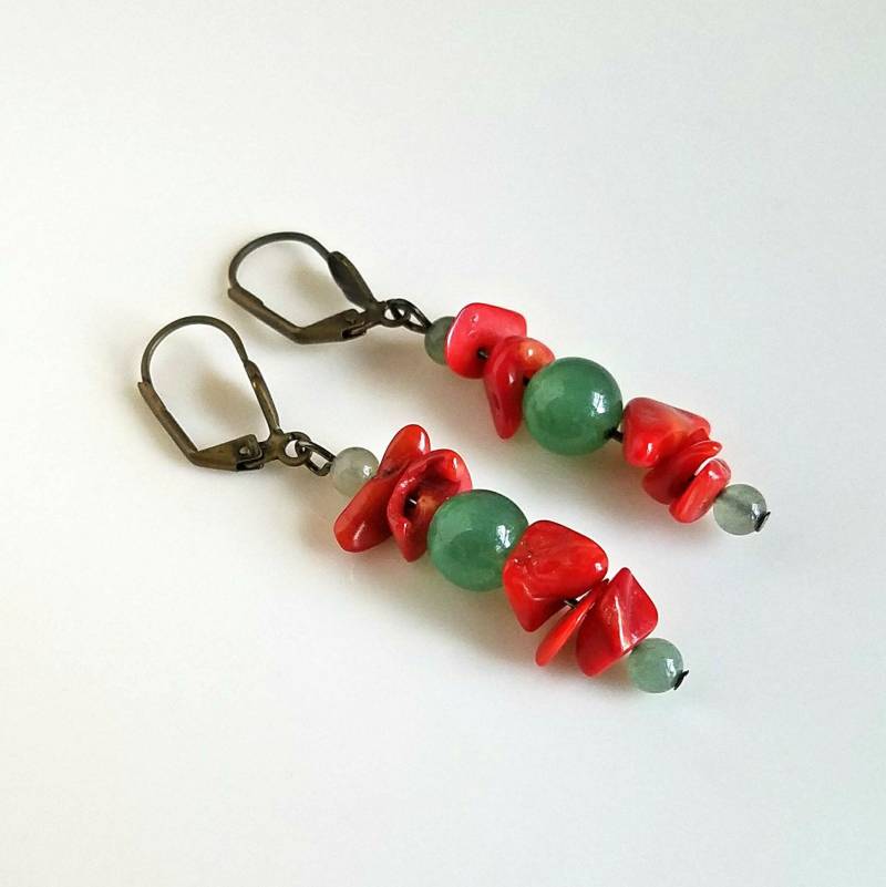 Rote Ohrringe, Grün Aventurin Messing Hebel Zurück Edelstein Ooak Festival Geschenk Für Sie von RibbonsandGlass