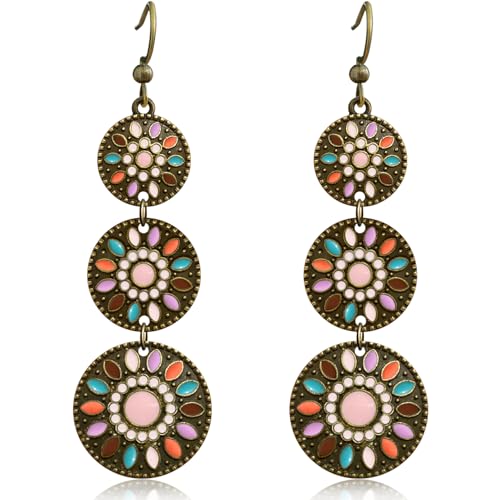 Ricarmo Bohemian Vintage Kupfer Emaille Blume Geometrie Scheibe Leichte baumelnde Tropfen Ohrringe Retro Ethnische Blumen Haken Ohrringe für Frauen, 2.44inch, Metall, Kein Edelstein Ricarmo Bohemian Vintage Kupfer Emaille Blume Geometrie Scheibe Leichte baumelnde Tropfen Ohrringe Retro Ethnische Blumen Haken Ohrringe für Frauen, 2.44inch, Metall, Kein Edelstein von Ricarmo