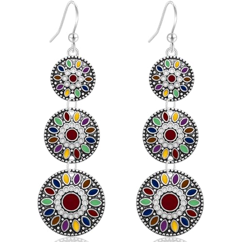 Ricarmo Bohemian Vintage Kupfer Emaille Blume Geometrie Scheibe Leichte baumelnde Tropfen Ohrringe Retro Ethnische Blumen Haken Ohrringe für Frauen, 2.44inch, Metall, Kein Edelstein von Ricarmo